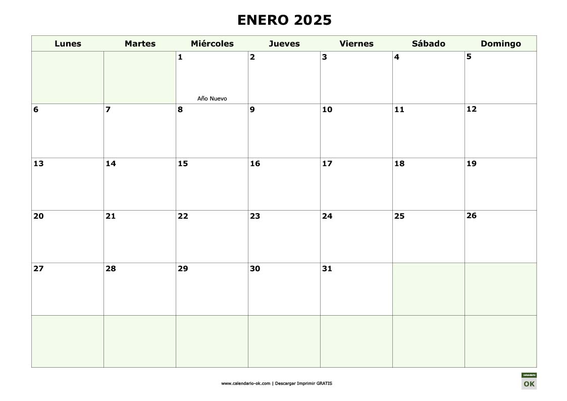 Calendario 2025 por MESES con FESTIVOS NACIONALES en PDF