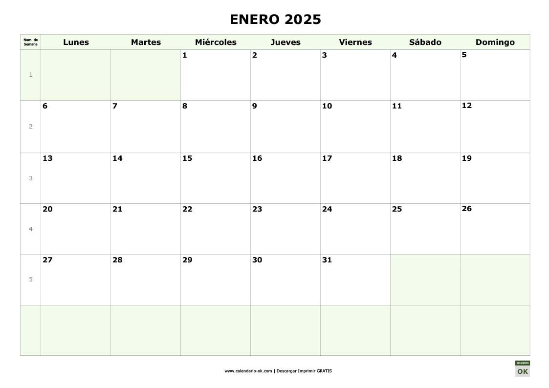 Calendario 2025 por MESES con NUMERO DE SEMANA