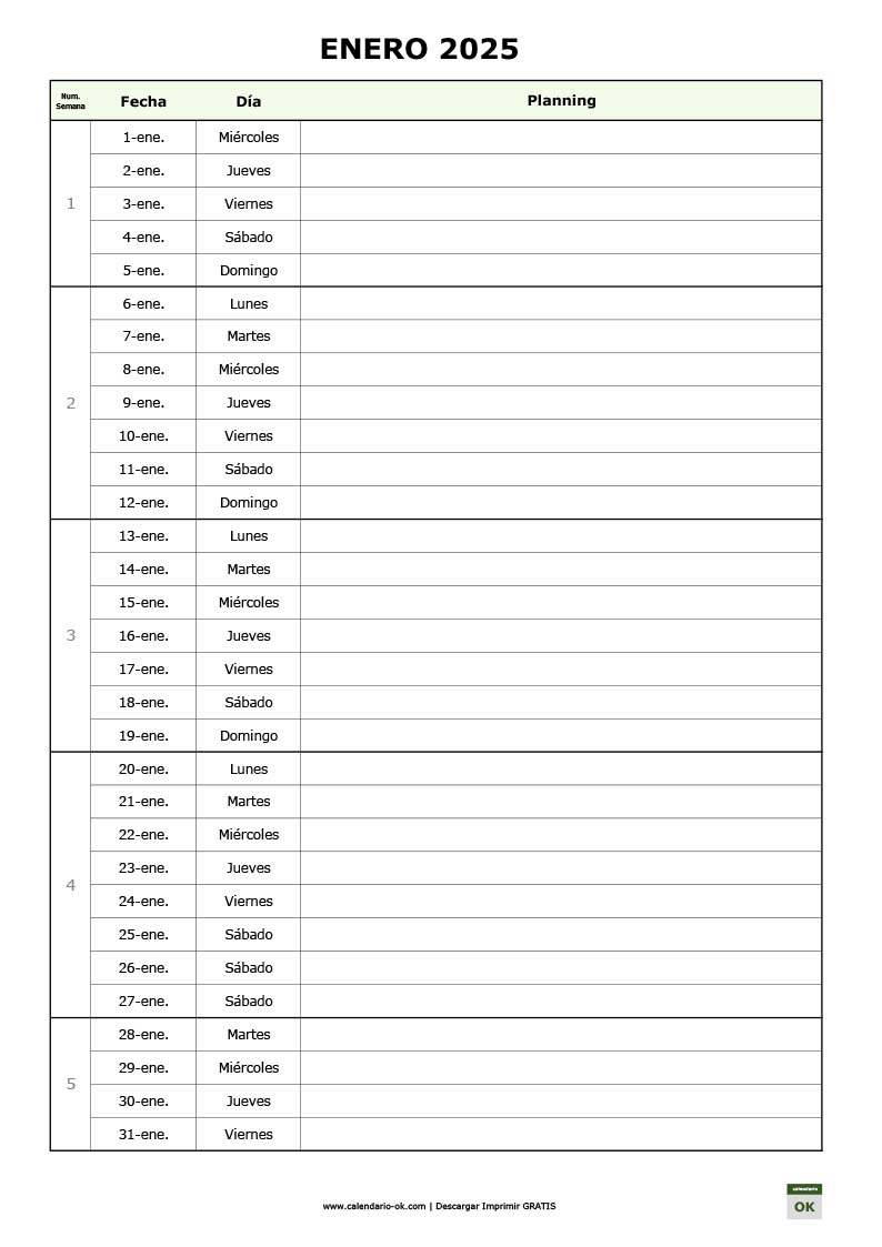 Calendario 2025 por MESES para hacer PLANNING