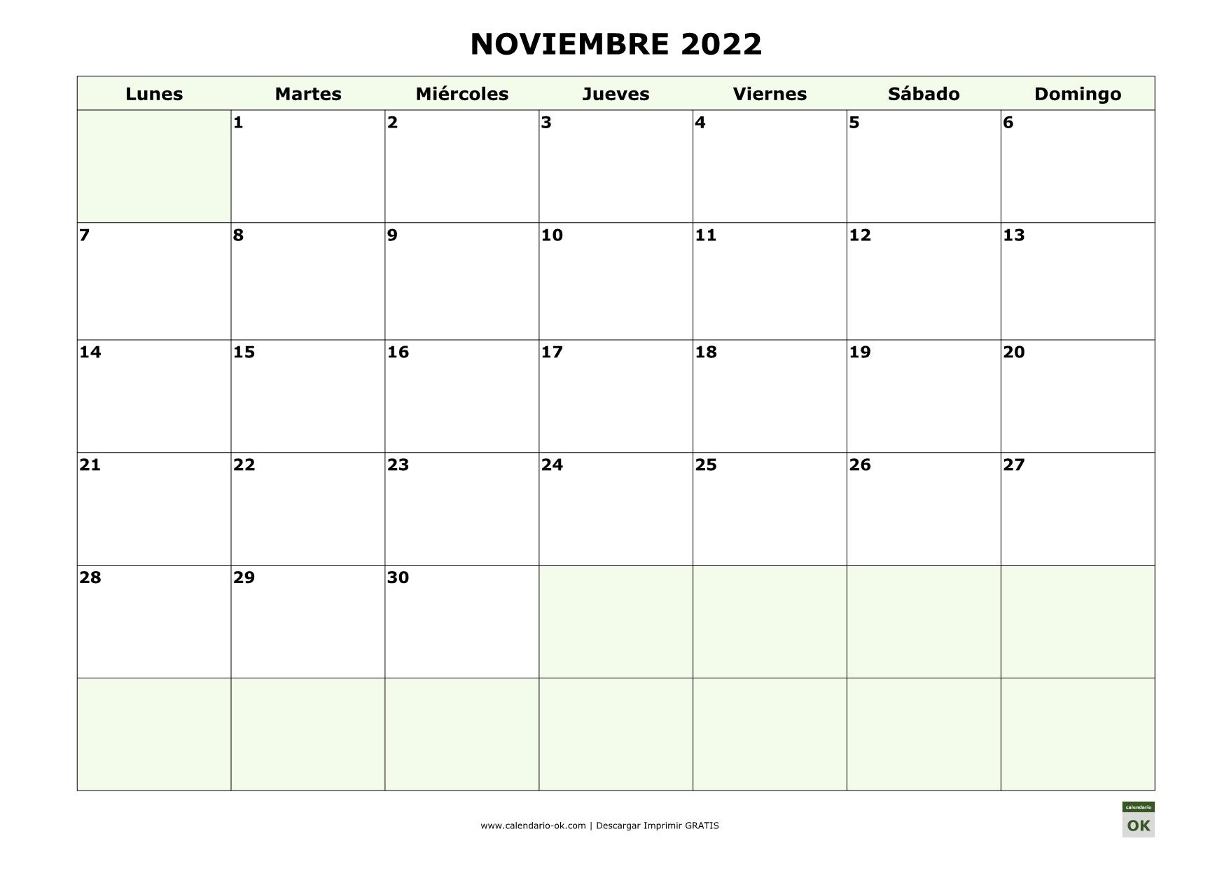 Mes De Noviembre 2022 ▷ Plantilla Calendario 【NOVIEMBRE 2022】 para IMPRIMIR